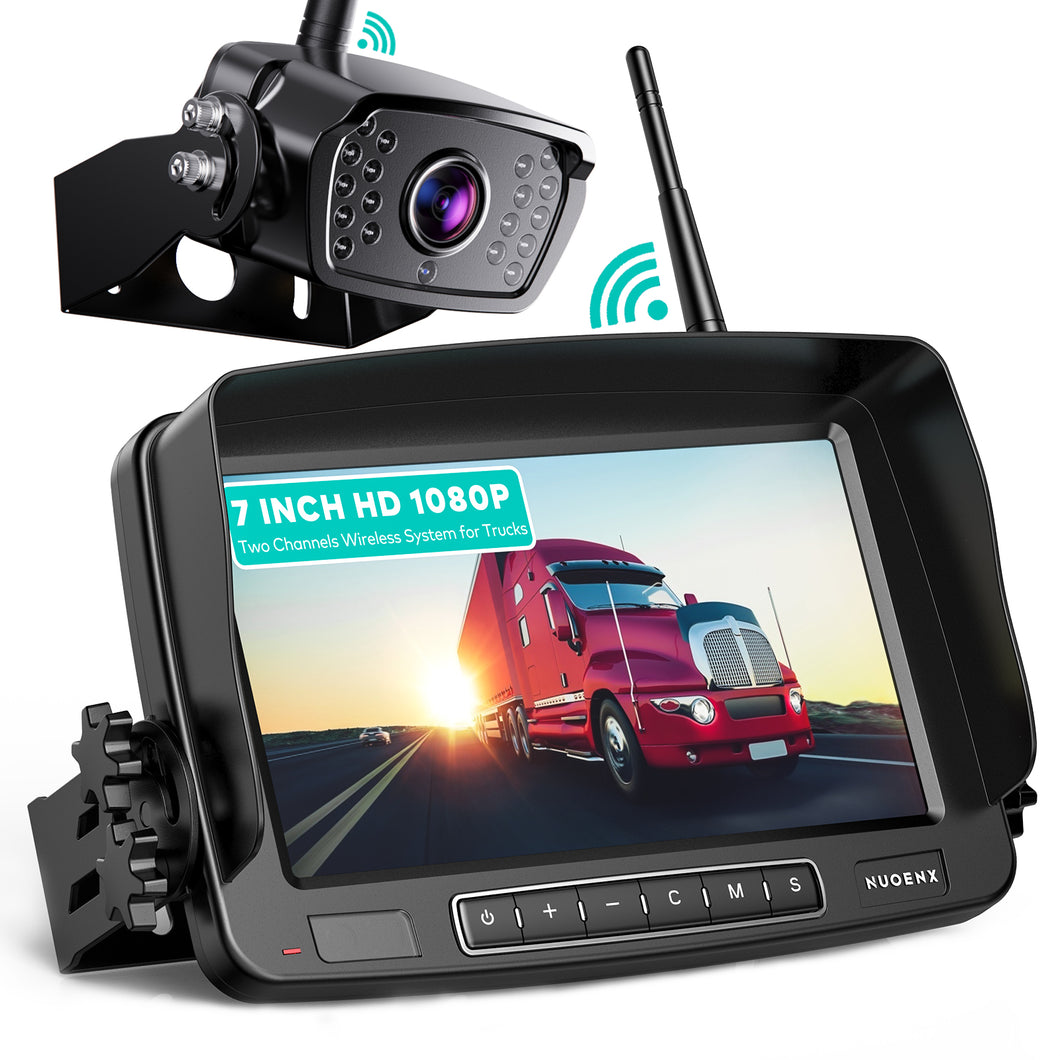 Nuoenx Wireless Backup Camera, 7 Inch Monitor Rear View Camera System for RV, Trailers, Trucks, 5th Wheels, Support 2 Cameras, IP69 Waterproof 18 LED IR Night Vision 152° View Camera, DIY Guide Lines (W71)