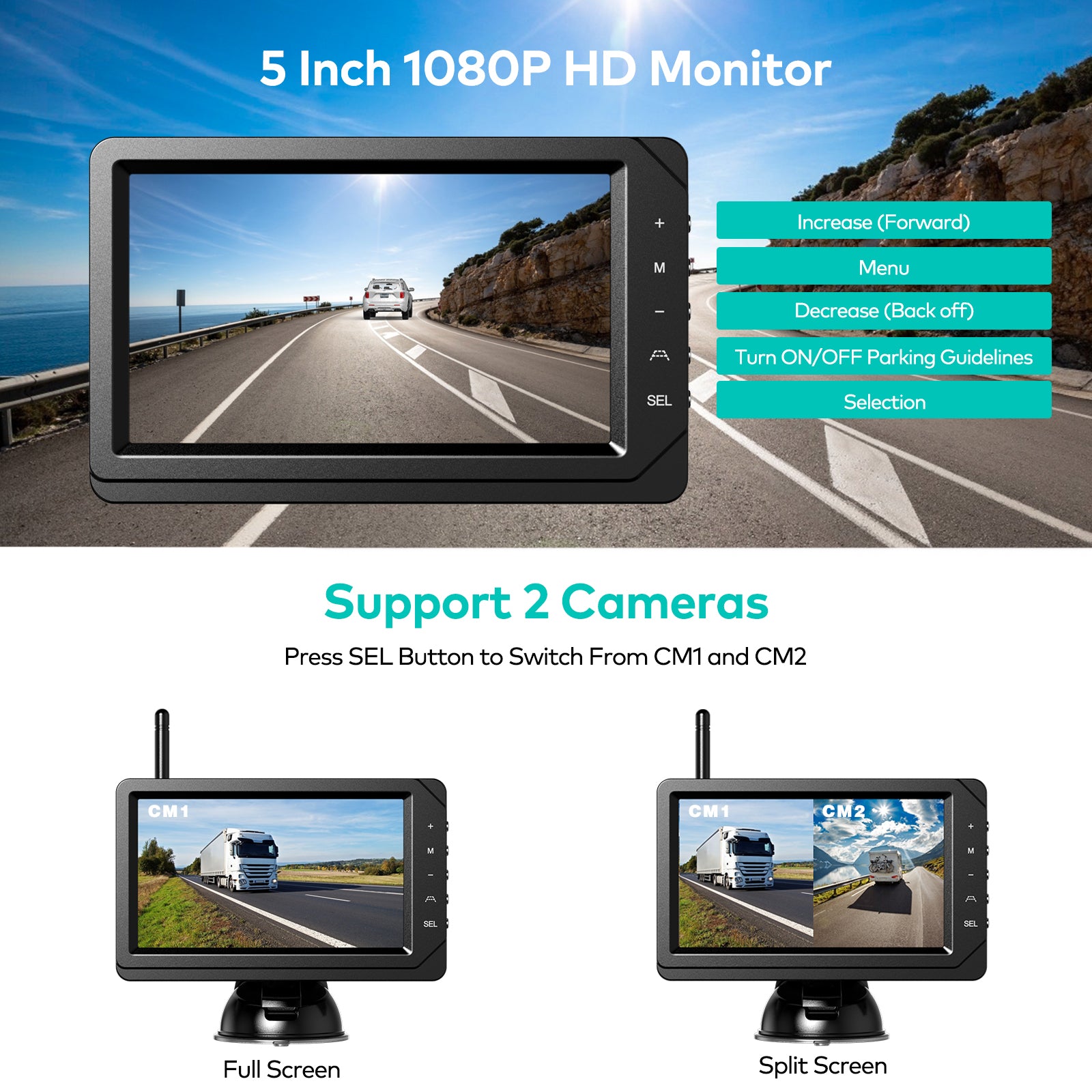 Rv Split Rear Camera Nuoenx Wireless Backup Camera for RV, Split Screen 5 Inch HD Monitor W ...